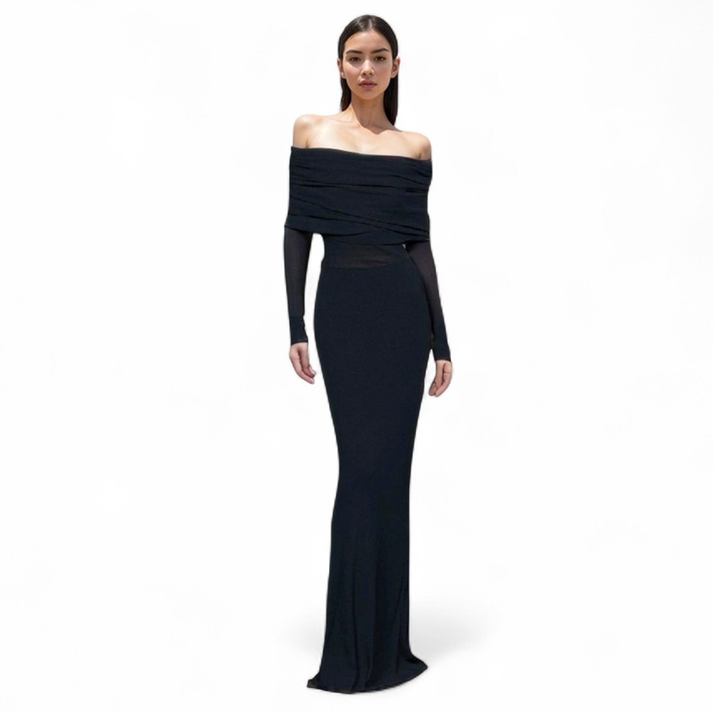 COMMENSE Semi-Sheer Off Shoulder Mesh Long Sleeve Long Dress Black SZ XL NWT